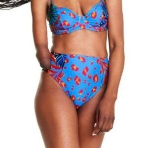 NEW Tabitha Brown‎ High Waist Bikini Bottom Tropical Leopard XS Blue Pink NWT